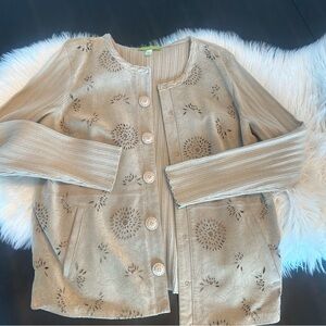 Sigrid Olsen Tan Leather Embossed Sweater Jacket